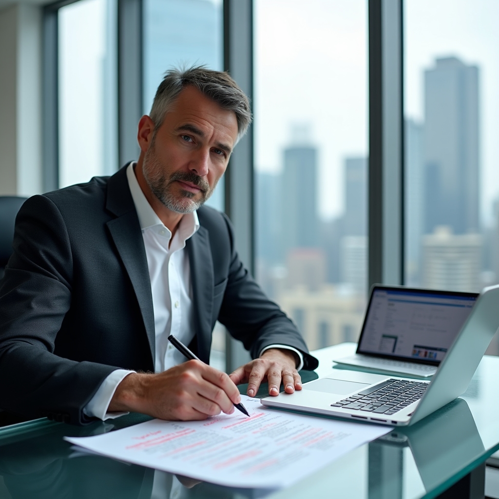 Professional reviewing CV documents at modern desk