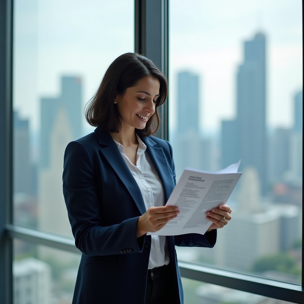 Career advisor reviewing educational materials in modern office