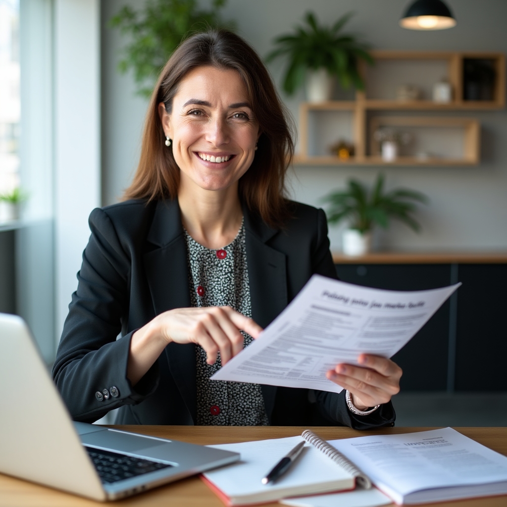 Professional entering new job market with documents and laptop in bright workspace